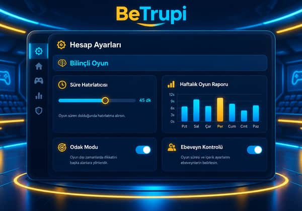 Süre hatırlatıcısı, haftalık oyun raporu, odak modu ve ebeveyn kontrolü seçeneklerini gösteren BeTrupi ayar ekranı