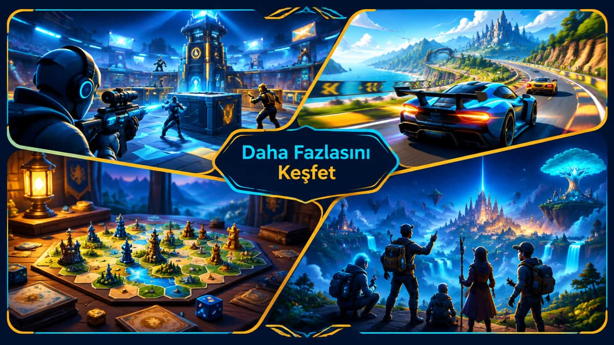 Nişancı, yarış, strateji ve kooperatif oyun türlerini bir arada gösteren kapak görseli