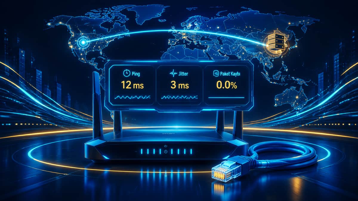 Ping, jitter ve paket kaybı göstergelerini içeren bağlantı panelini gösteren kapak görseli