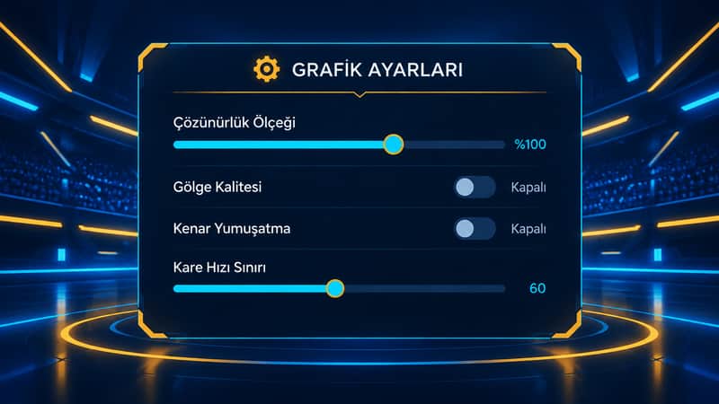 Çözünürlük ölçeği, gölgeler ve kare hızı sınırı seçeneklerini gösteren oyun grafik ayarları ekranı çizimi