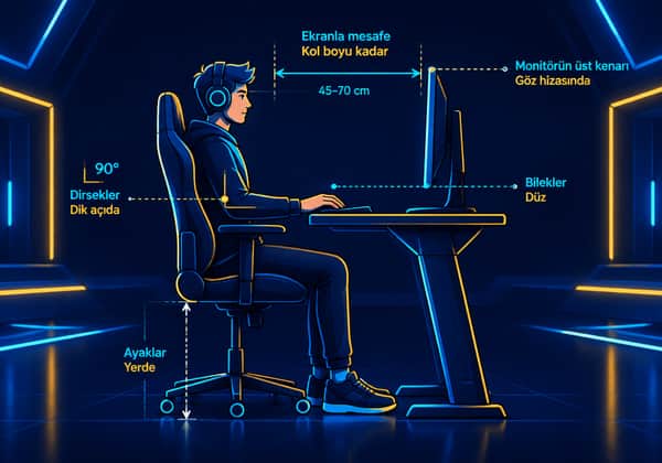Monitör yüksekliği, dirsek açısı ve ekran mesafesi işaretlenmiş ergonomik gamer masası çizimi