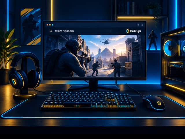 Fare, klavye, kulaklık ve monitörle düzenlenmiş bir gamer masasında BeTrupi oyun ekranı