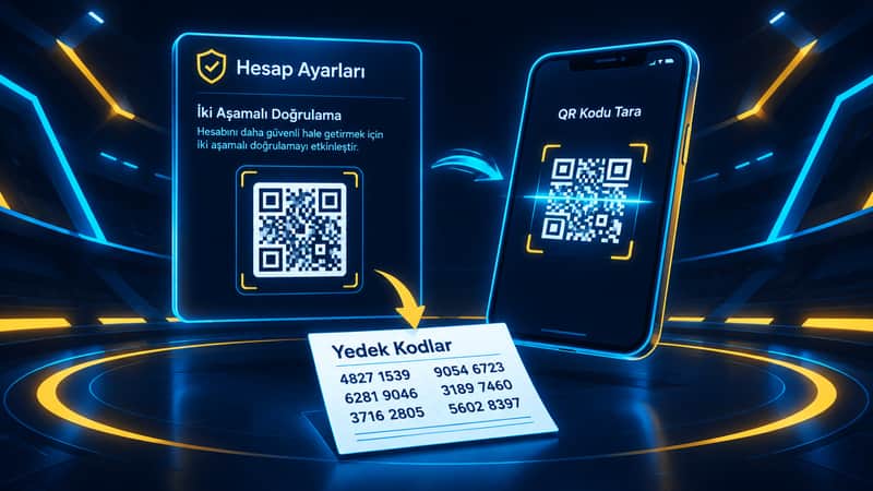 Telefondaki doğrulama uygulaması ile hesap ayarlarındaki iki aşamalı doğrulama kurulumunu gösteren temsili çizim