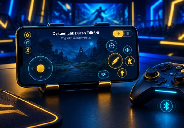 Yatay tutulan telefonda dokunmatik düzen editörü ve yanında Bluetooth oyun kumandası