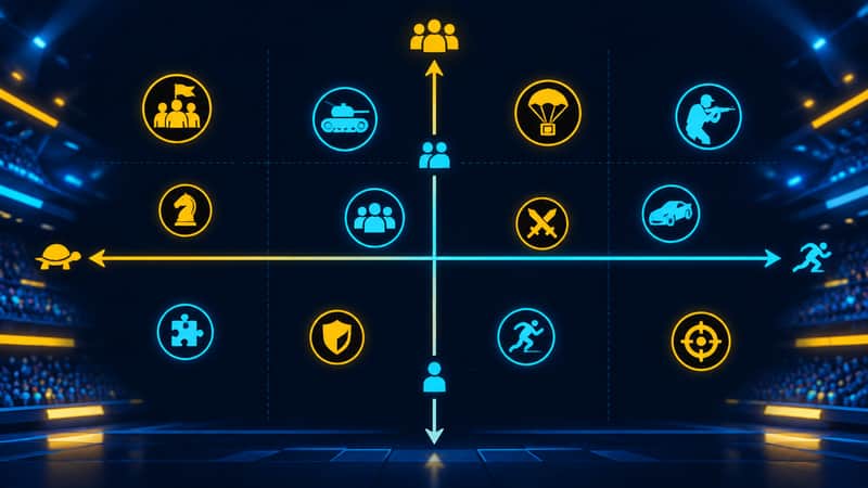 Multiplayer oyun türlerini tempo ve takım büyüklüğüne göre konumlandıran tür haritası illüstrasyonu