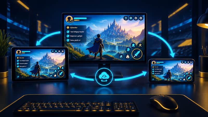 Aynı hesapla bilgisayar, tablet ve telefonda açılmış tarayıcı oyunlarının yan yana görünümü