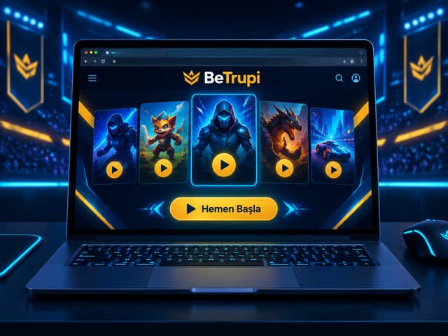 Dizüstü bilgisayarın tarayıcı penceresinde açılmış BeTrupi online oyun kataloğu