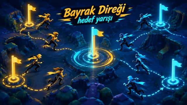 Bayrak Direği oyununda haritadaki direkleri ele geçirmeye çalışan takımların görünümü