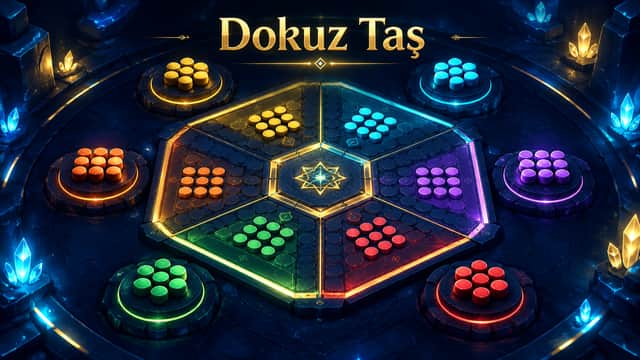 Dokuz Taş oyununda altı oyuncunun bölge kontrolü için yarıştığı tahta görünümü