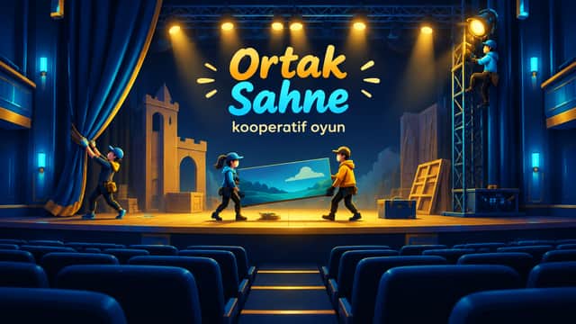 Ortak Sahne oyununda sahne düzeneğini birlikte kuran dört oyuncunun görünümü