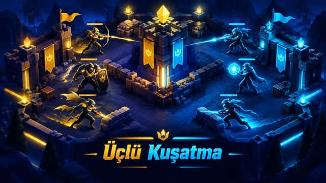 Üçlü Kuşatma oyununda küçük haritada karşılaşan üç kişilik takımların görünümü