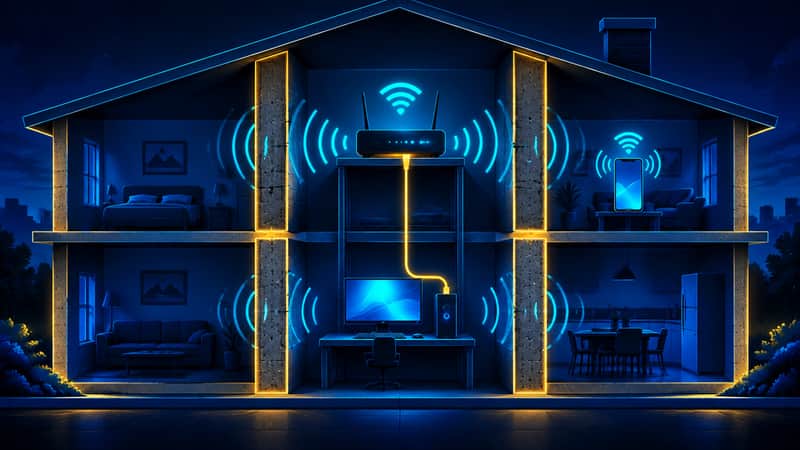 Modeme kabloyla bağlı oyun bilgisayarı ile kablosuz bağlı telefonu gösteren ev ağı çizimi