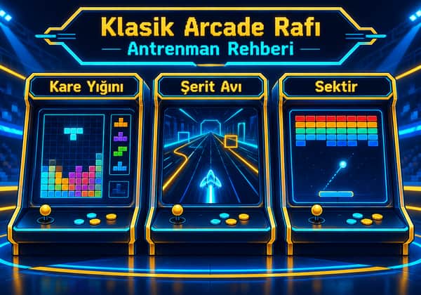 Klasik arcade rafındaki üç oyunun ekran görüntülerinden oluşan kolaj