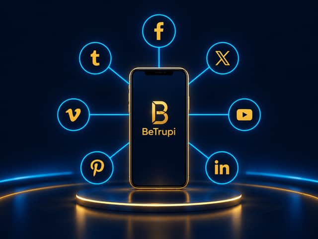 BeTrupi logolu bir telefon ekranı çevresinde dizilmiş yedi resmi sosyal medya hesabı simgesi