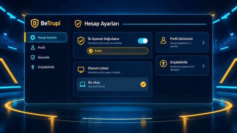 BeTrupi hesap ayarlarında iki aşamalı doğrulama, oturum listesi ve profil seçeneklerini gösteren ekran